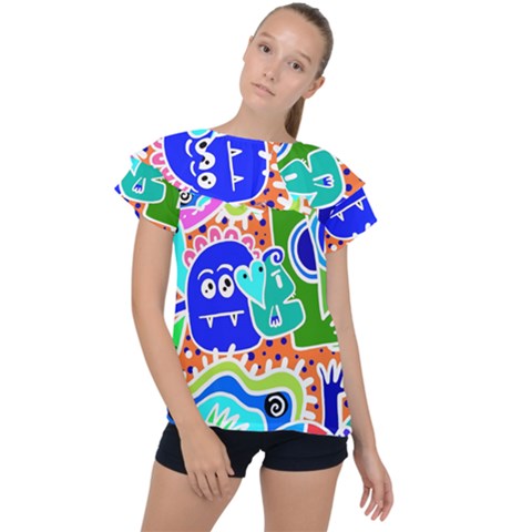 Crazy Pop Art - Doodle Buddies  Ruffle Collar Chiffon Blouse by ConteMonfrey