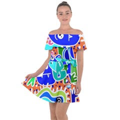 Crazy Pop Art - Doodle Buddies  Off Shoulder Velour Dress by ConteMonfrey