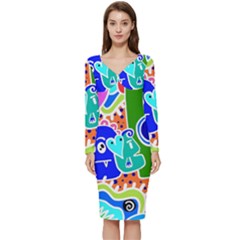 Crazy Pop Art - Doodle Buddies  Long Sleeve V-neck Bodycon Dress  by ConteMonfrey