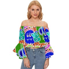 Crazy Pop Art - Doodle Buddies  Off Shoulder Flutter Bell Sleeve Top by ConteMonfrey