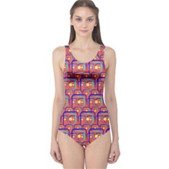 Pink Yellow Neon Squares - Modern Abstract One Piece Swimsuit by ConteMonfrey