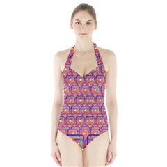 Pink Yellow Neon Squares - Modern Abstract Halter Swimsuit by ConteMonfrey