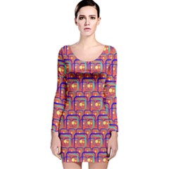 Pink Yellow Neon Squares - Modern Abstract Long Sleeve Velvet Bodycon Dress