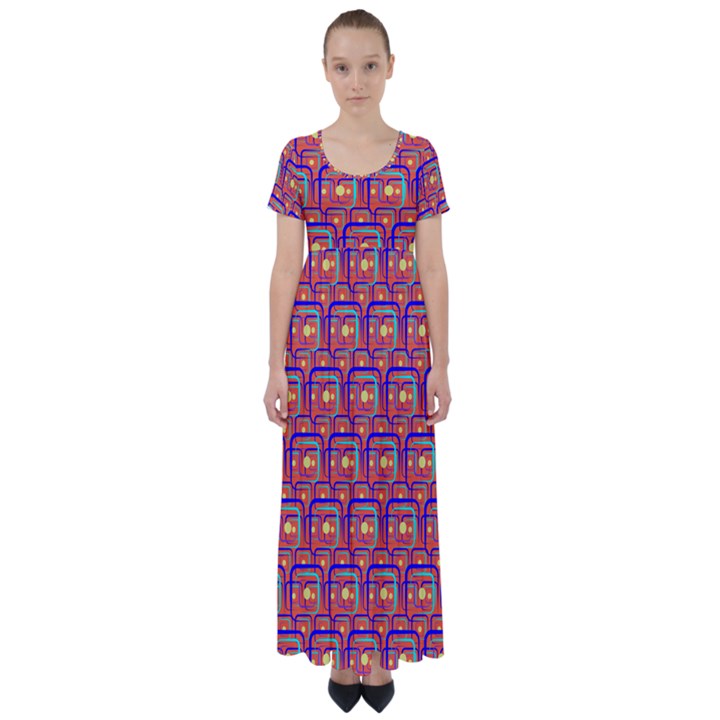 Pink Yellow Neon Squares - Modern Abstract High Waist Short Sleeve Maxi Dress