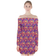 Pink Yellow Neon Squares - Modern Abstract Long Sleeve Off Shoulder Dress by ConteMonfrey