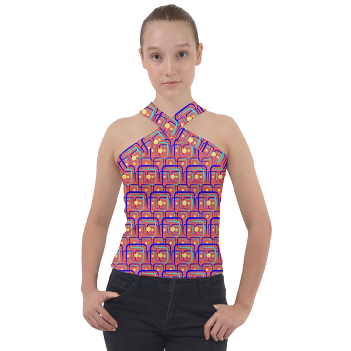 Pink Yellow Neon Squares - Modern Abstract Cross Neck Velour Top