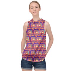 Pink Yellow Neon Squares - Modern Abstract High Neck Satin Top by ConteMonfrey