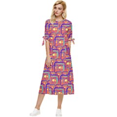 Pink Yellow Neon Squares - Modern Abstract Bow Sleeve Chiffon Midi Dress by ConteMonfrey