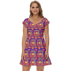 Pink Yellow Neon Squares - Modern Abstract Short Sleeve Tiered Mini Dress by ConteMonfrey