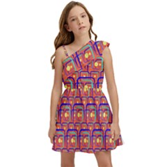 Pink Yellow Neon Squares - Modern Abstract Kids  One Shoulder Party Dress by ConteMonfrey