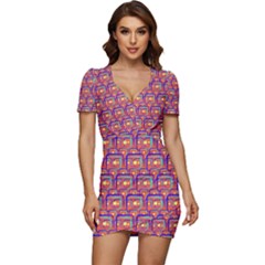 Pink Yellow Neon Squares - Modern Abstract Low Cut Cap Sleeve Mini Dress