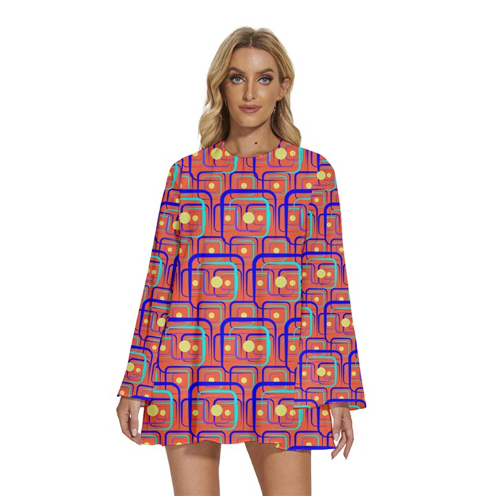 Pink Yellow Neon Squares - Modern Abstract Round Neck Long Sleeve Bohemian Style Chiffon Mini Dress