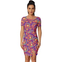 Pink Yellow Neon Squares - Modern Abstract Fitted Knot Split End Bodycon Dress by ConteMonfrey