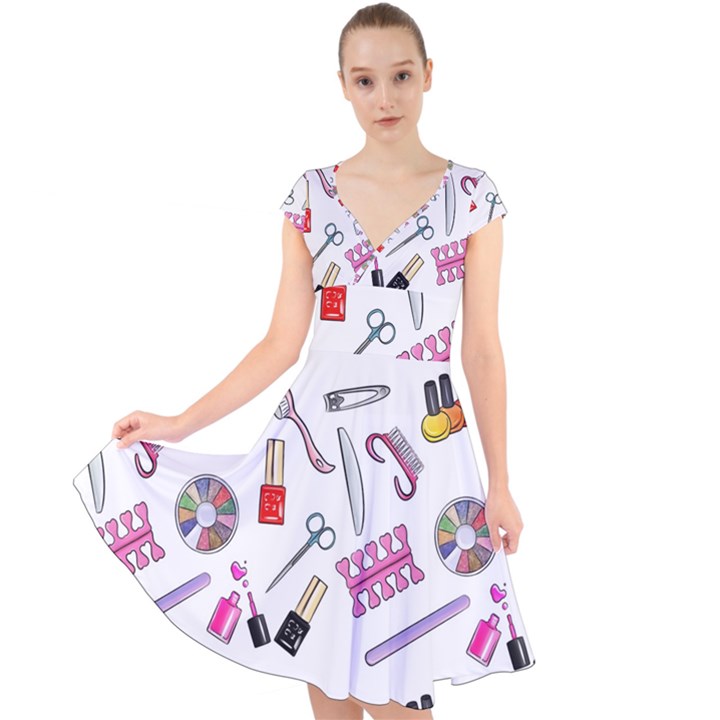 Manicure Nail Pedicure Cap Sleeve Front Wrap Midi Dress