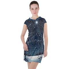 Snow Christmas Starry Night Drawstring Hooded Dress