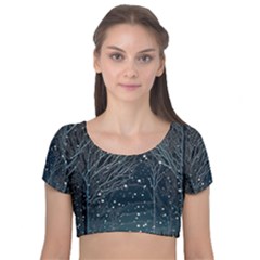 Snow Christmas Starry Night Velvet Short Sleeve Crop Top 