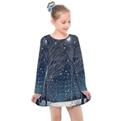 Snow Christmas Starry Night Kids  Long Sleeve Dress