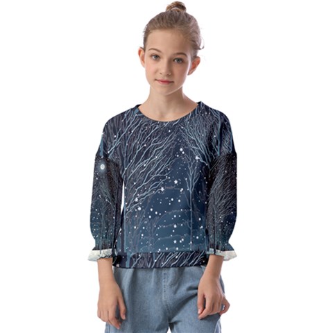 Snow Christmas Starry Night Kids  Cuff Sleeve Top by Simbadda