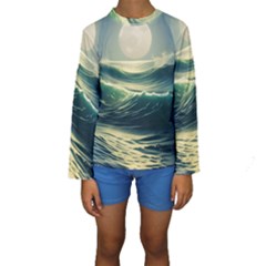 Ocean Sea Waves Tide Kids  Long Sleeve Swimwear by Simbadda