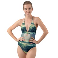 Ocean Sea Waves Tide Halter Cut-out One Piece Swimsuit by Simbadda