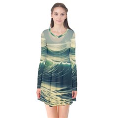 Ocean Sea Waves Tide Long Sleeve V-neck Flare Dress by Simbadda