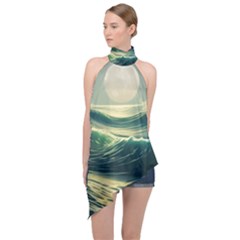 Ocean Sea Waves Tide Halter Asymmetric Satin Top by Simbadda