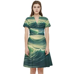 Ocean Sea Waves Tide Short Sleeve Waist Detail Dress by Simbadda