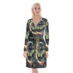 Flower Mot Moon Star Planet Long Sleeve Velvet Front Wrap Dress by Simbadda