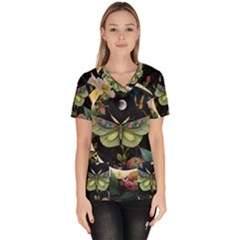 Flower Mot Moon Star Planet Women s V-neck Scrub Top by Simbadda