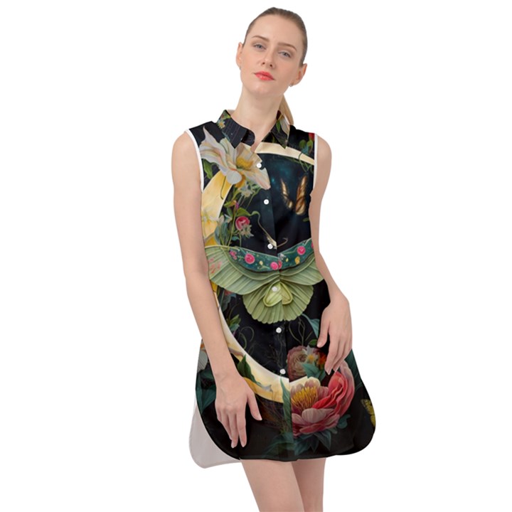 Flower Mot Moon Star Planet Sleeveless Shirt Dress