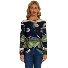 Flower Mot Moon Star Planet Long Sleeve Crew Neck Pullover Top by Simbadda