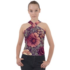 Flowers Pattern Cross Neck Velour Top by Simbadda