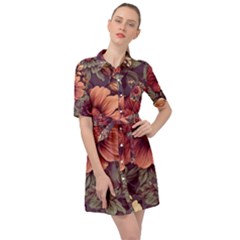 Flowers Pattern Belted Shirt Dress by Simbadda