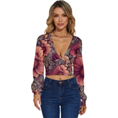 Flowers Pattern Long Sleeve Deep-v Velour Top by Simbadda