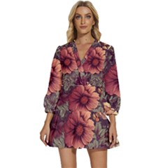 Flowers Pattern V-neck Placket Mini Dress by Simbadda