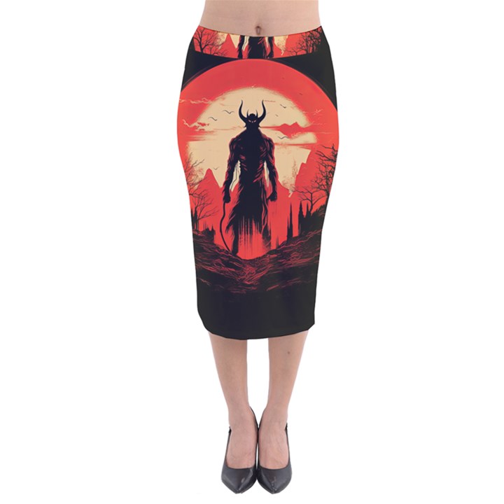 Demon Halloween Velvet Midi Pencil Skirt