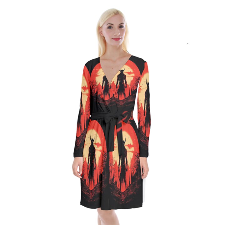 Demon Halloween Long Sleeve Velvet Front Wrap Dress