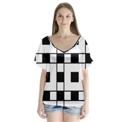 Black And White Pattern V-Neck Flutter Sleeve Top