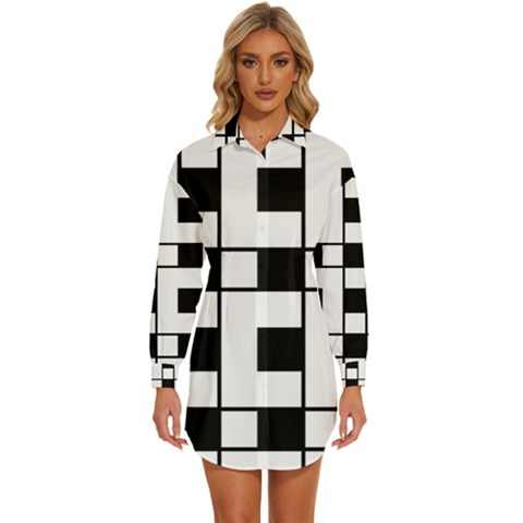 Black And White Pattern Womens Long Sleeve Shirt Dress by Amaryn4rt