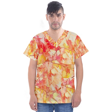 Monotype Art Pattern Leaves Colored Autumn Men s V-neck Scrub Top by Amaryn4rt