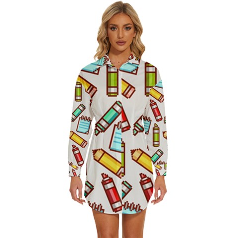 Seamless Pixel Art Pattern Womens Long Sleeve Shirt Dress by Amaryn4rt