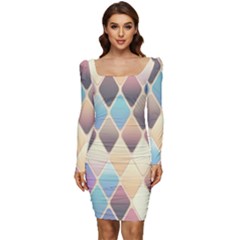 Abstract Colorful Diamond Background Tile Women Long Sleeve Ruched Stretch Jersey Dress by Amaryn4rt