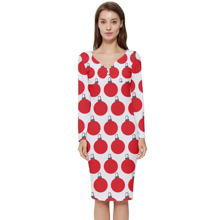 Christmas Baubles Bauble Holidays Long Sleeve V-Neck Bodycon Dress 