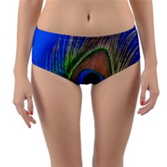 Blue Peacock Feather Reversible Mid-Waist Bikini Bottoms