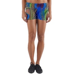 Blue Peacock Feather Yoga Shorts