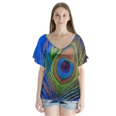 Blue Peacock Feather V-Neck Flutter Sleeve Top