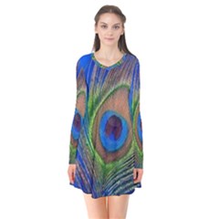 Blue Peacock Feather Long Sleeve V-neck Flare Dress by Amaryn4rt