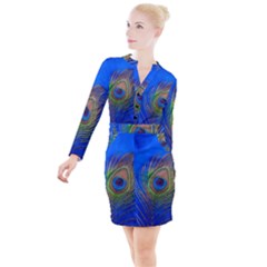 Blue Peacock Feather Button Long Sleeve Dress by Amaryn4rt