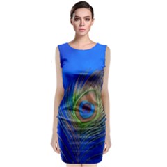 Blue Peacock Feather Sleeveless Velvet Midi Dress