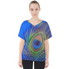 Blue Peacock Feather V-Neck Dolman Drape Top